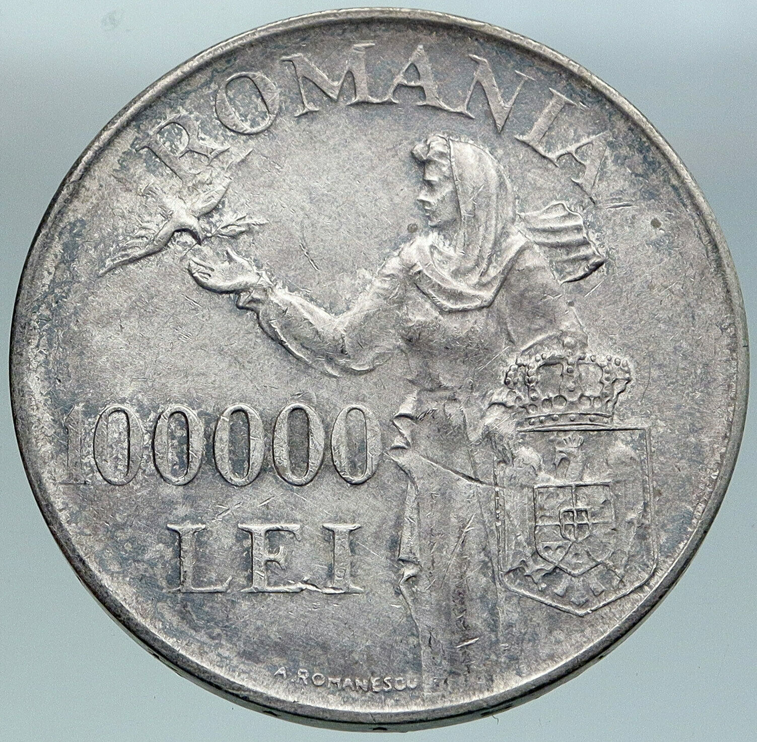 1946 ROMANIA Michael I Romanian Lady Bird Antique Silver 100000 Lei Coin i87513