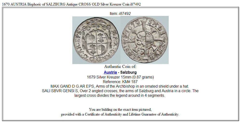 1670 AUSTRIA Bisphoric of SALZBURG Antique CROSS OLD Silver Kreuzer Coin i87492