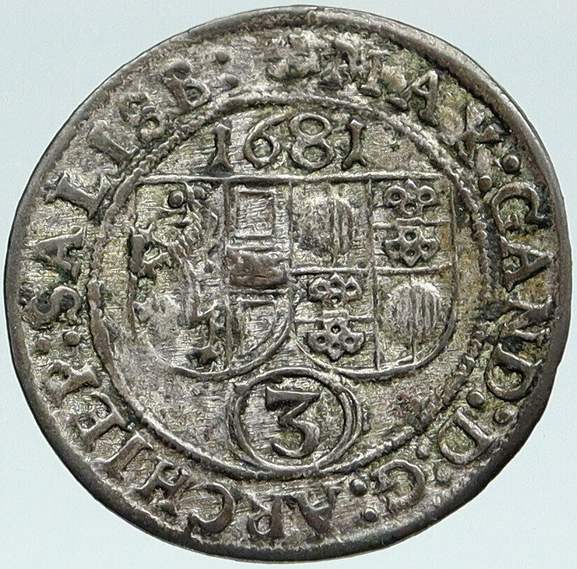 1681 AUSTRIA Salzburg Prince Max Kuenburg SAINT RUPERT Silver 3Krzer Coin i87502