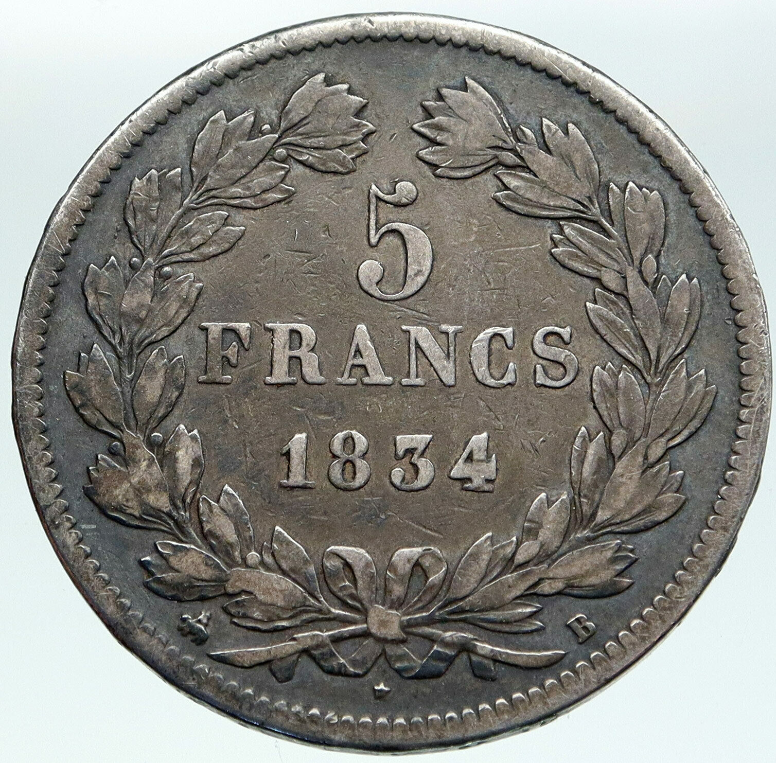 1834 FRANCE King Louis Philippe I French Antique OLD Silver 5 Francs Coin i87499