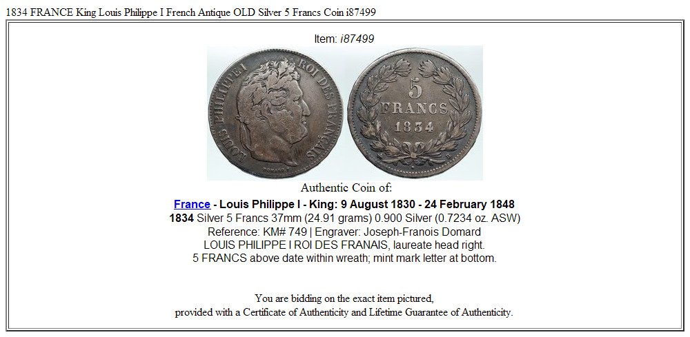 1834 FRANCE King Louis Philippe I French Antique OLD Silver 5 Francs Coin i87499