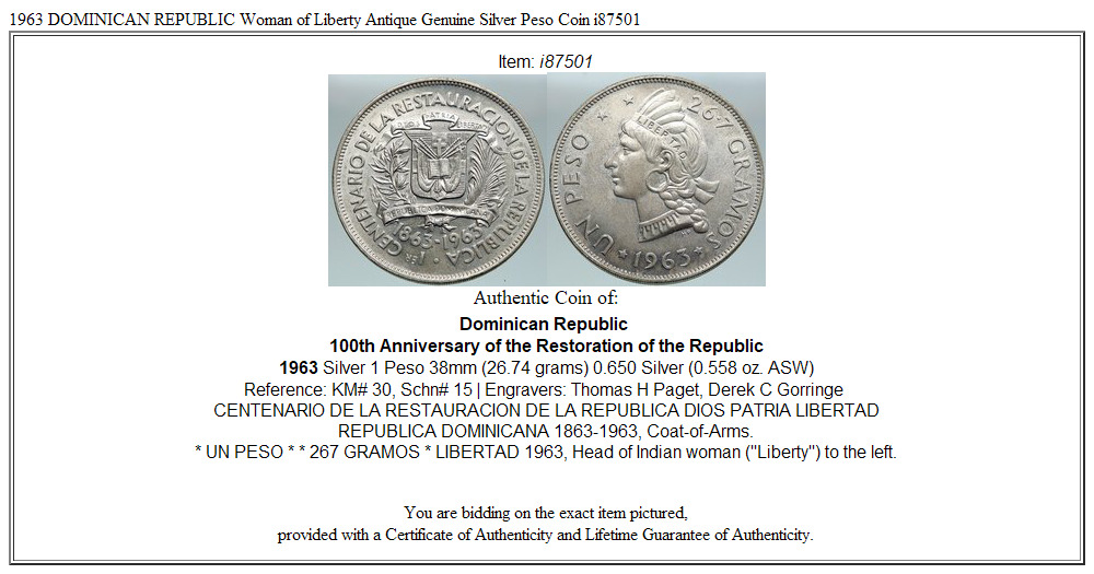 1963 DOMINICAN REPUBLIC Woman of Liberty Antique Genuine Silver Peso Coin i87501