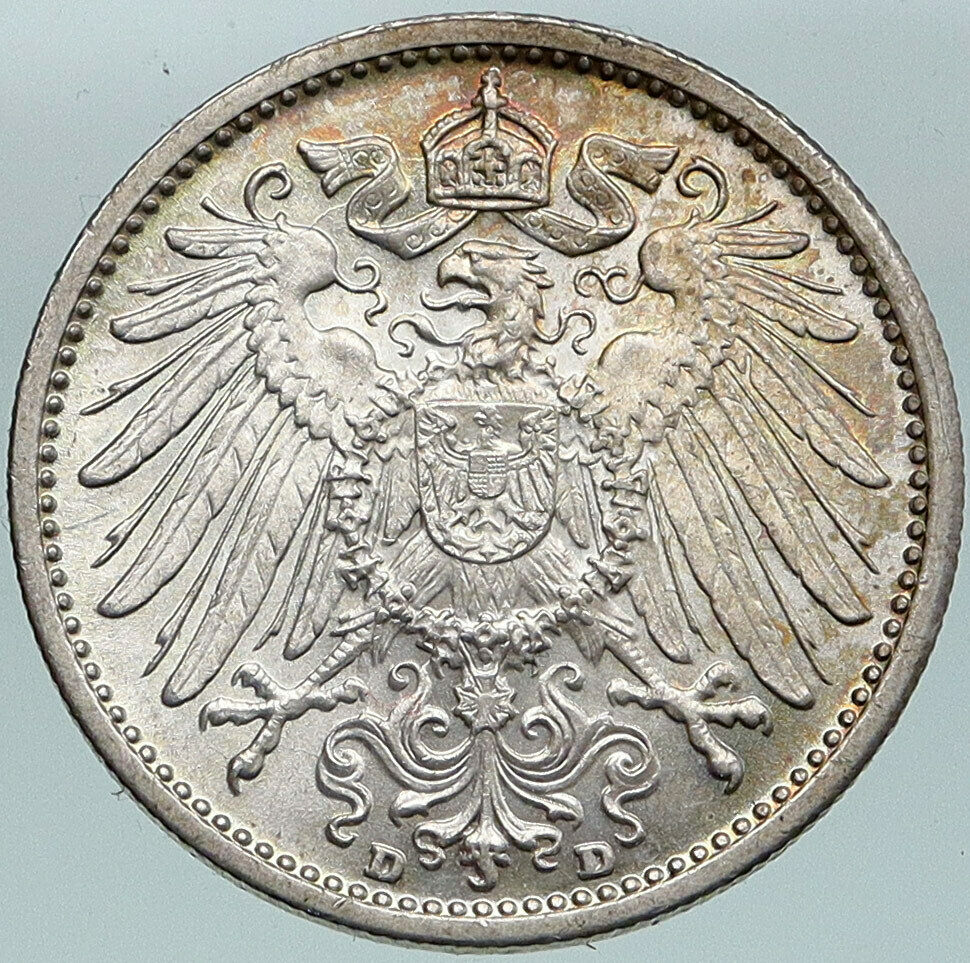 1904 D WILHELM II of GERMANY Eagle Antique VINTAGE OLD Silver 1 Mark Coin i87520