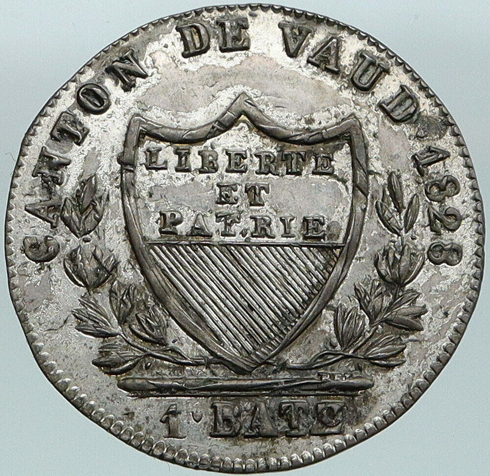 1828 SWITZERLAND Swiss Canton of VAUD Antique 1 Batzen Silver Coin SHIELD i87522