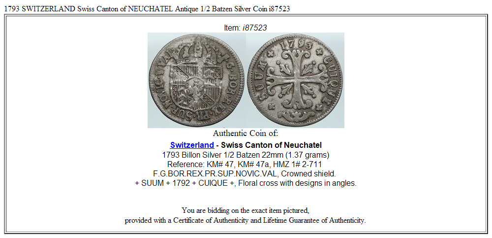 1793 SWITZERLAND Swiss Canton of NEUCHATEL Antique 1/2 Batzen Silver Coin i87523