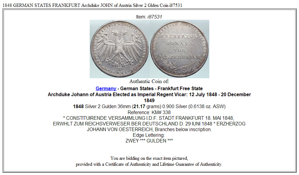 1848 GERMAN STATES FRANKFURT Archduke JOHN of Austria Silver 2 Glden Coin i87531