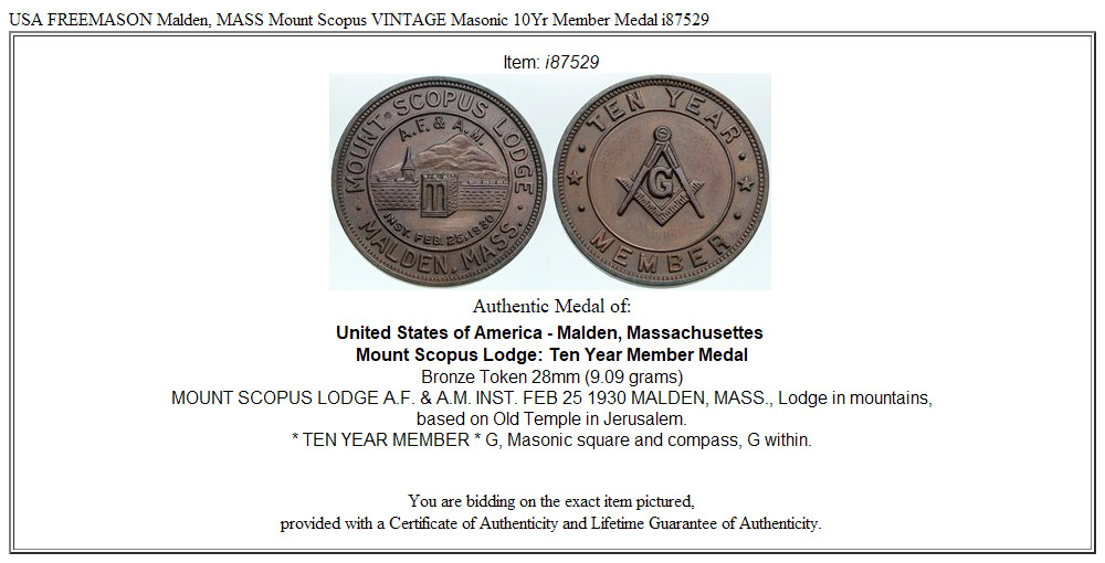 USA FREEMASON Malden, MASS Mount Scopus VINTAGE Masonic 10Yr Member Medal i87529