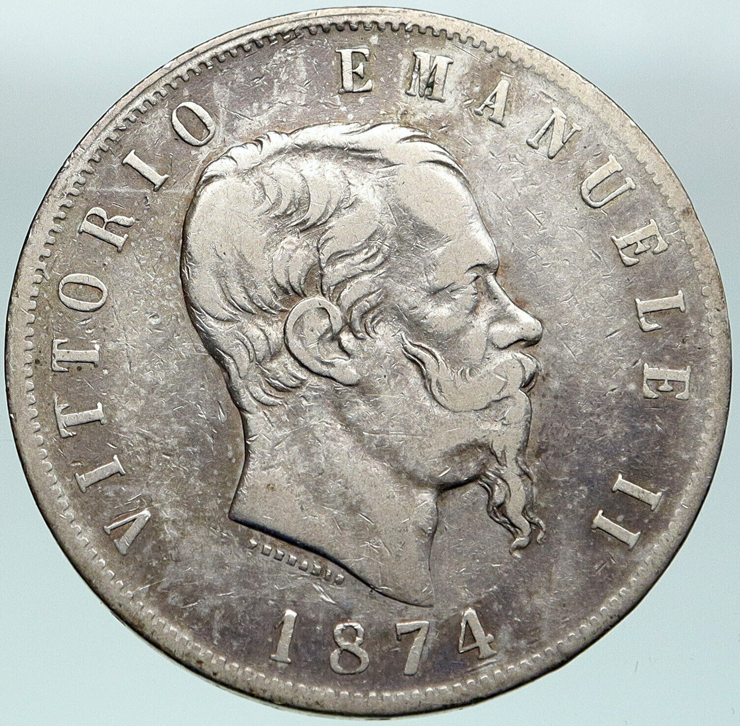 1874 ITALY King Victor Emmanuel II Silver 5 Lire Antique ITALIAN Coin i87532