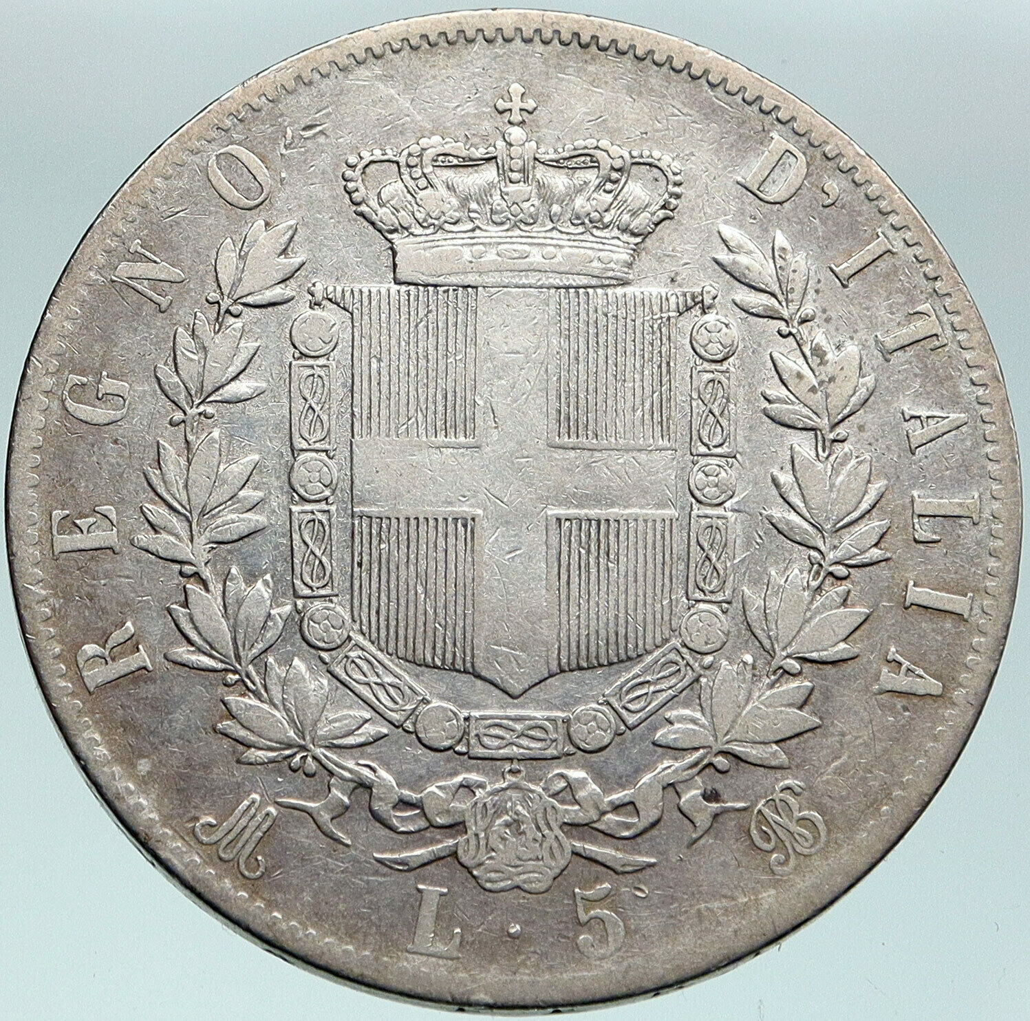 1874 ITALY King Victor Emmanuel II Silver 5 Lire Antique ITALIAN Coin i87532