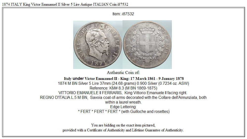 1874 ITALY King Victor Emmanuel II Silver 5 Lire Antique ITALIAN Coin i87532