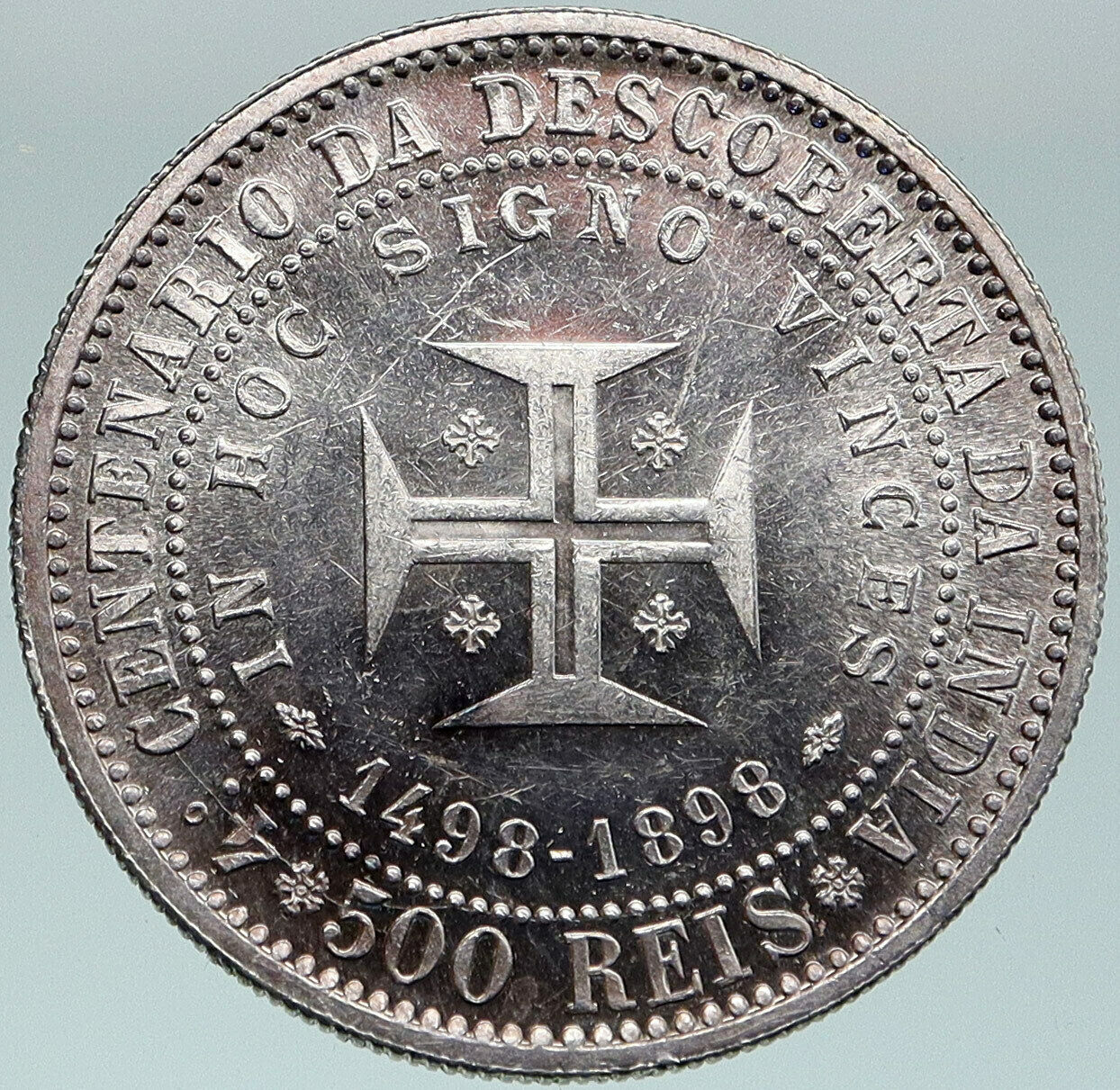 1898 PORTUGAL Cross Discovery of India 400YR Genuine Silver 500 Reis Coin i87547