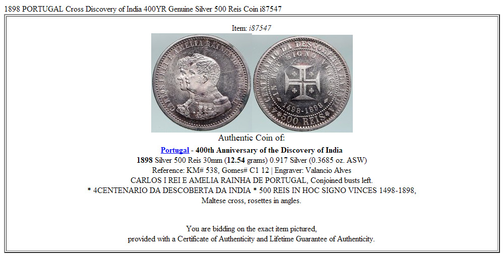 1898 PORTUGAL Cross Discovery of India 400YR Genuine Silver 500 Reis Coin i87547