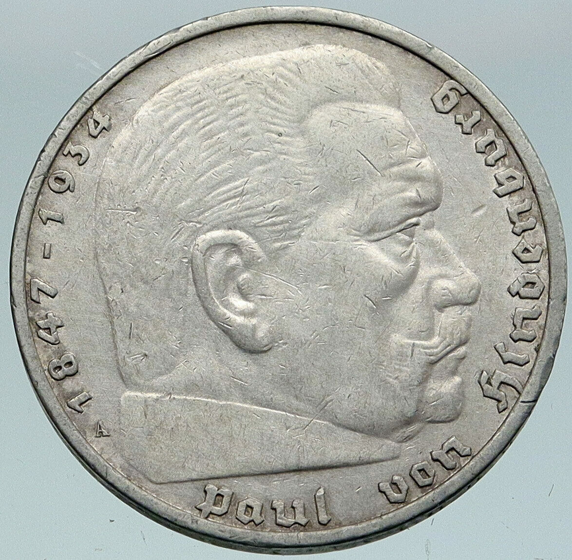 1936 Germany 2nd President Paul von Hindenburg Silver German 5 Marks Coin i86891