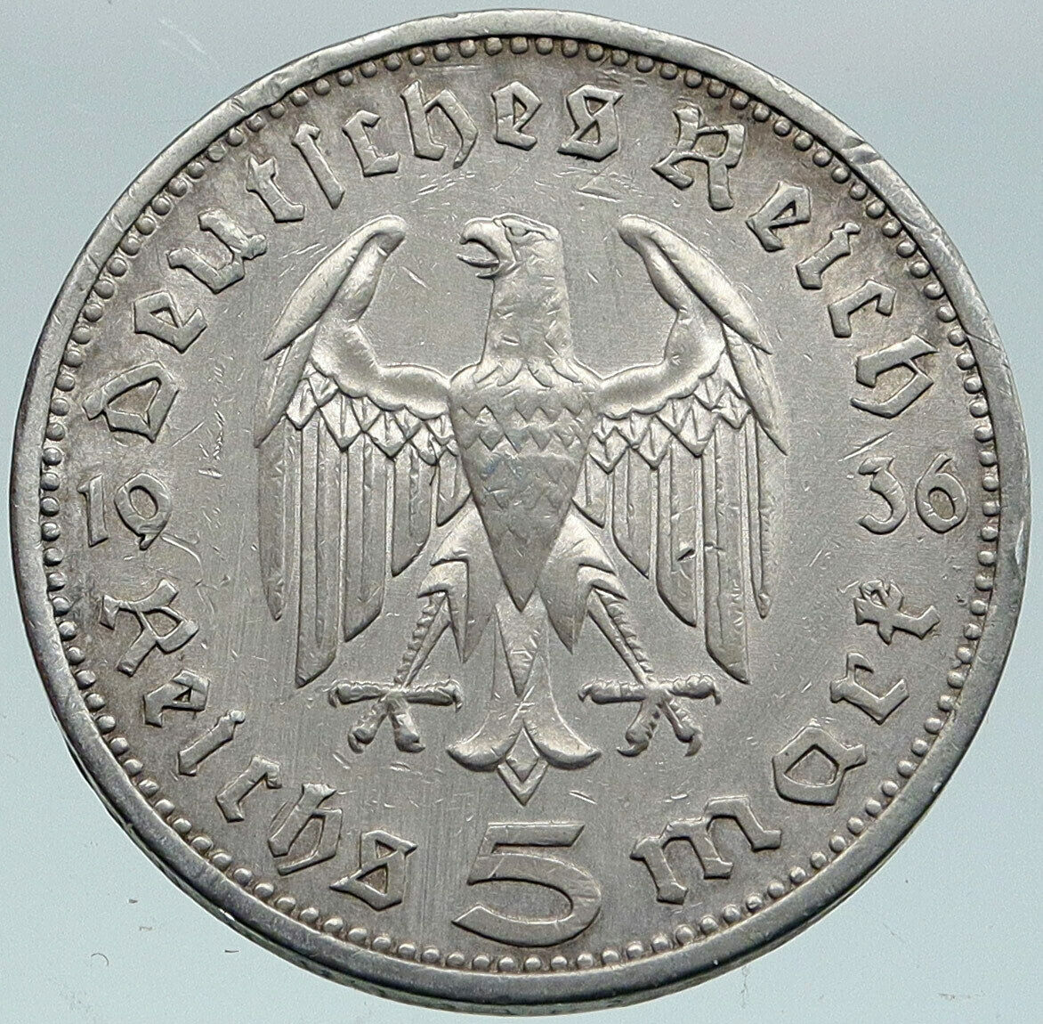 1936 Germany 2nd President Paul von Hindenburg Silver German 5 Marks Coin i86891