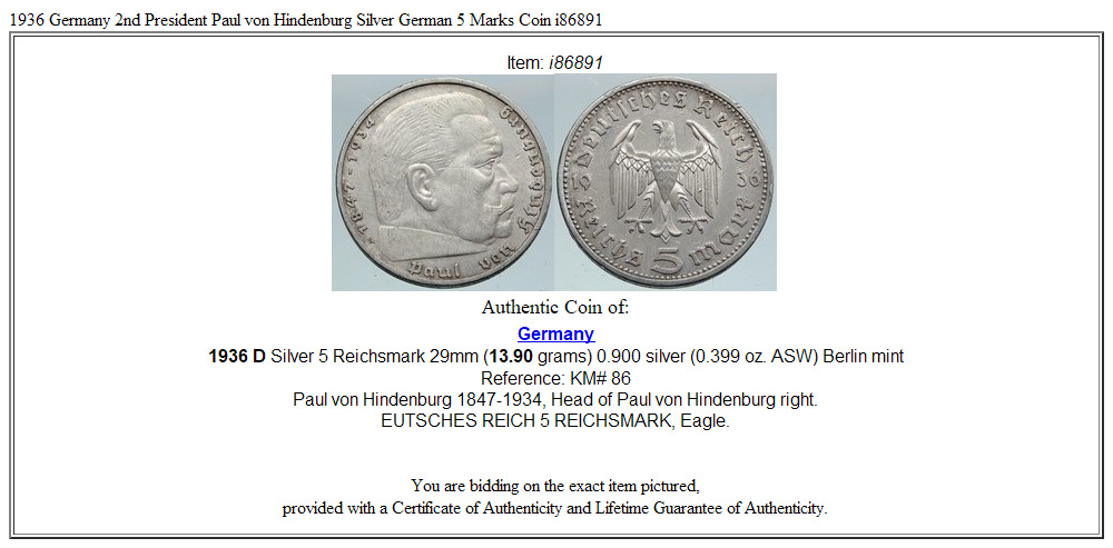 1936 Germany 2nd President Paul von Hindenburg Silver German 5 Marks Coin i86891