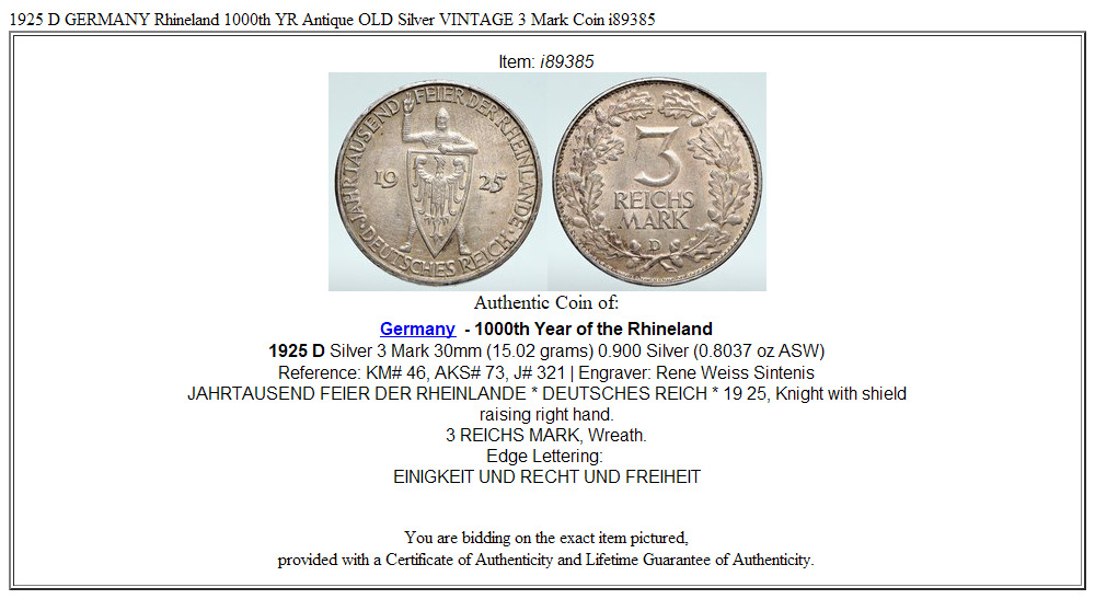 1925 D GERMANY Rhineland 1000th YR Antique OLD Silver VINTAGE 3 Mark Coin i89385