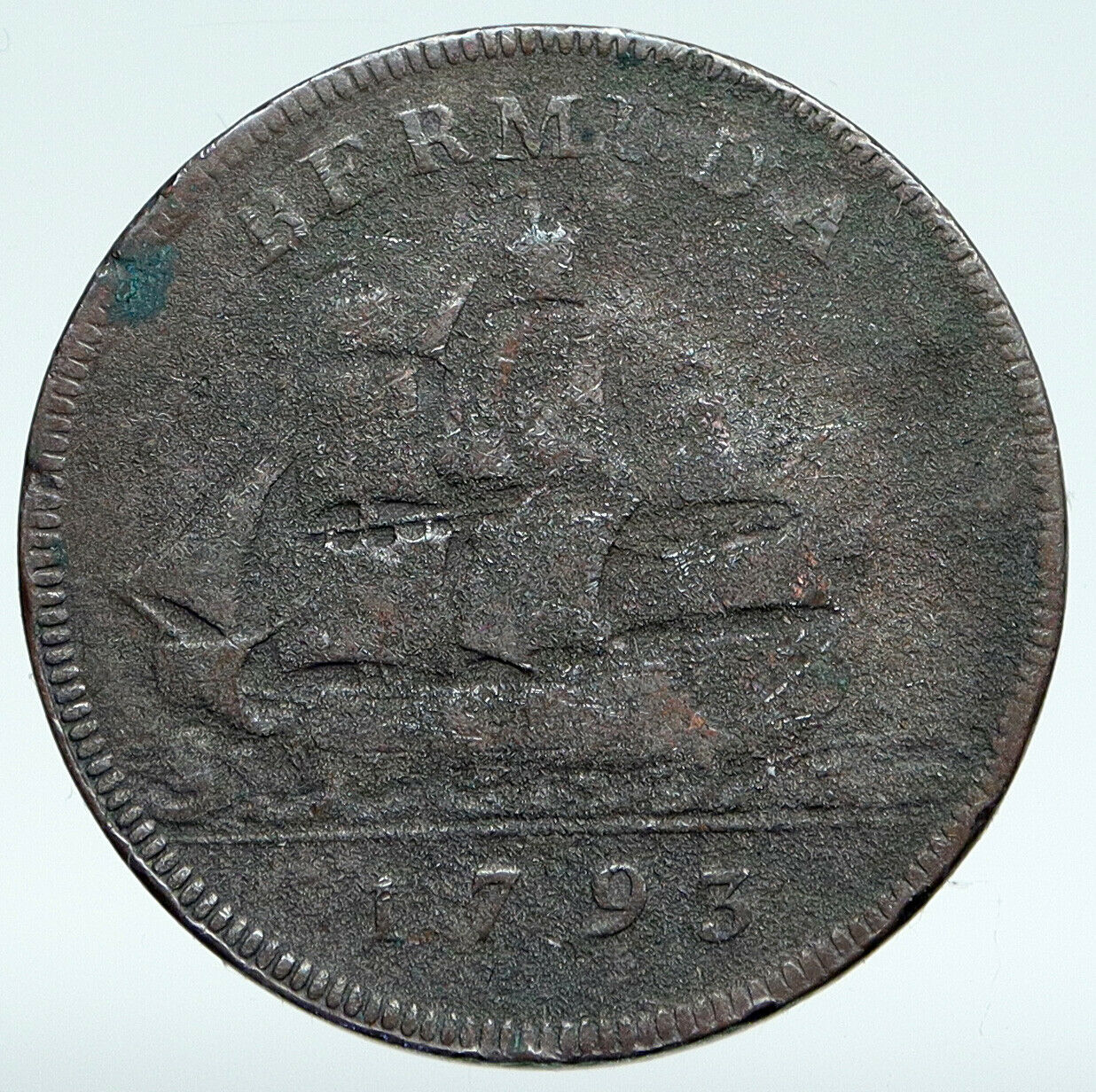 1793 BERMUDA British Colony KING George III VINTAGE ANTIQUE Penny Coin i89374