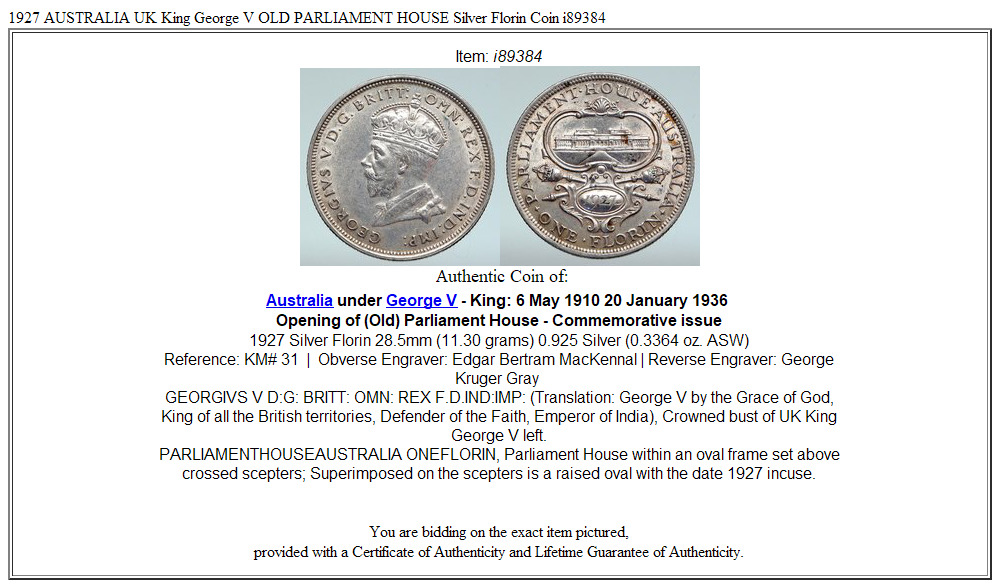 1927 AUSTRALIA UK King George V OLD PARLIAMENT HOUSE Silver Florin Coin i89384