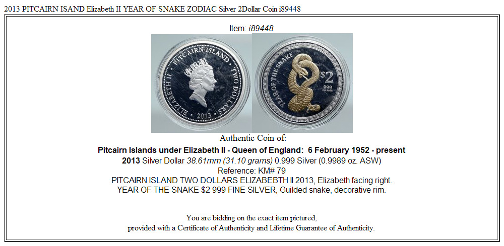 2013 PITCAIRN ISAND Elizabeth II YEAR OF SNAKE ZODIAC Silver 2Dollar Coin i89448