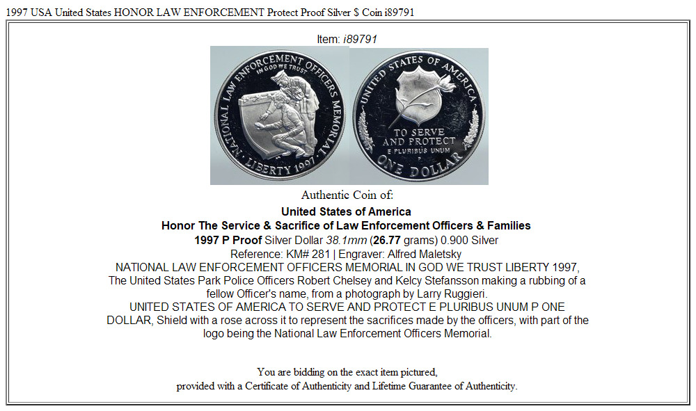 1997 USA United States HONOR LAW ENFORCEMENT Protect Proof Silver $ Coin i89791