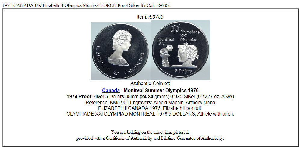 1974 CANADA UK Elizabeth II Olympics Montreal TORCH Proof Silver $5 Coin i89783