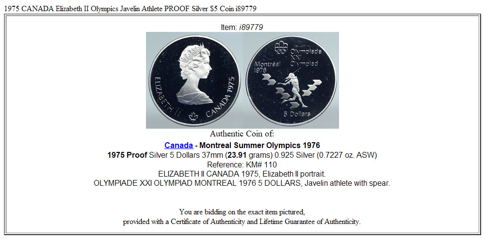 1975 CANADA Elizabeth II Olympics Javelin Athlete PROOF Silver $5 Coin i89779