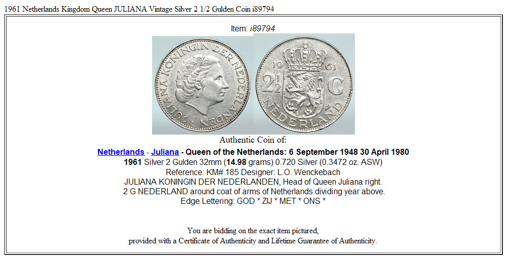 1961 Netherlands Kingdom Queen JULIANA Vintage Silver 2 1/2 Gulden Coin i89794