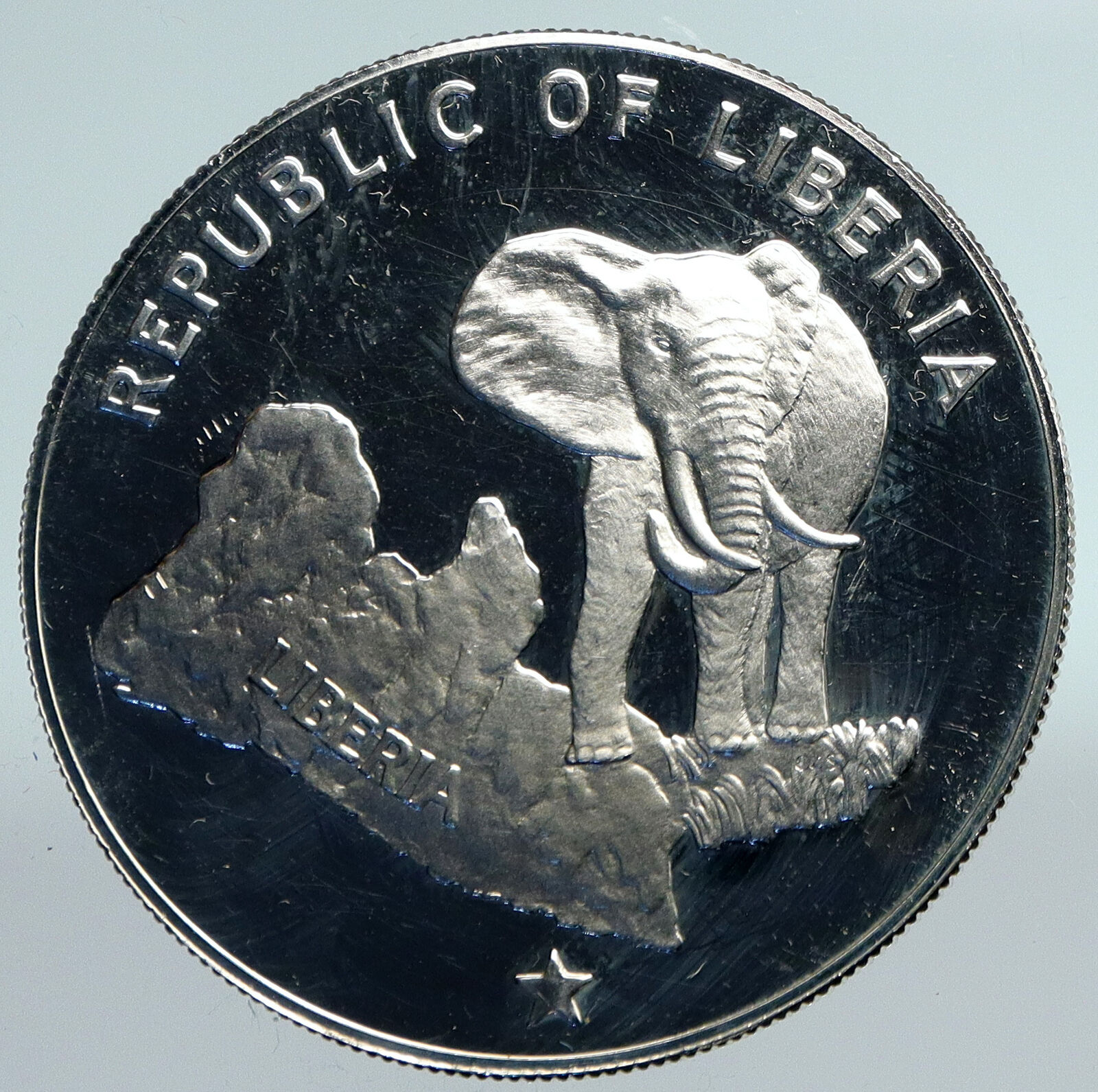 1974 LIBERIA State Map with Elephant OLD VINTAGE Proof Silver $5 Coin i89793