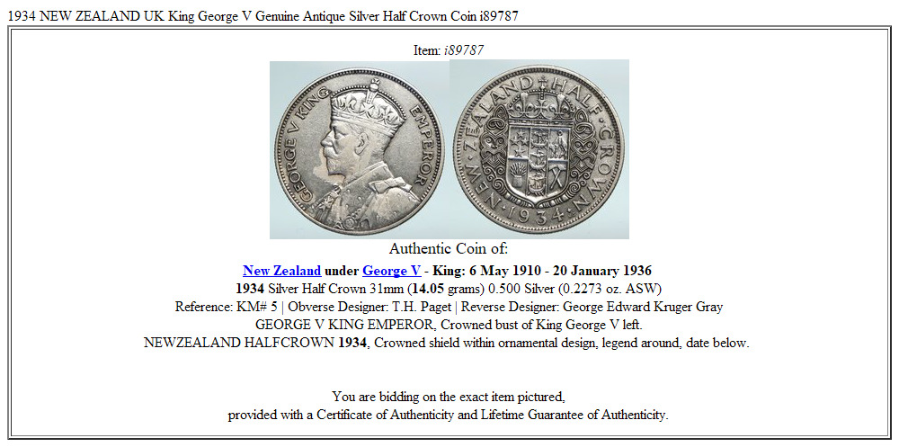 1934 NEW ZEALAND UK King George V Genuine Antique Silver Half Crown Coin i89787