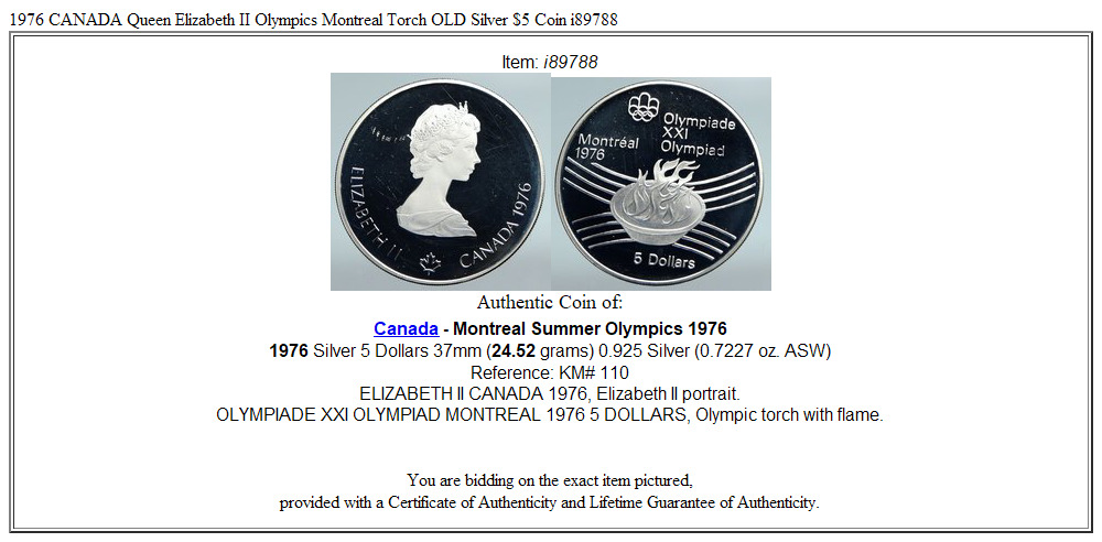 1976 CANADA Queen Elizabeth II Olympics Montreal Torch OLD Silver $5 Coin i89788