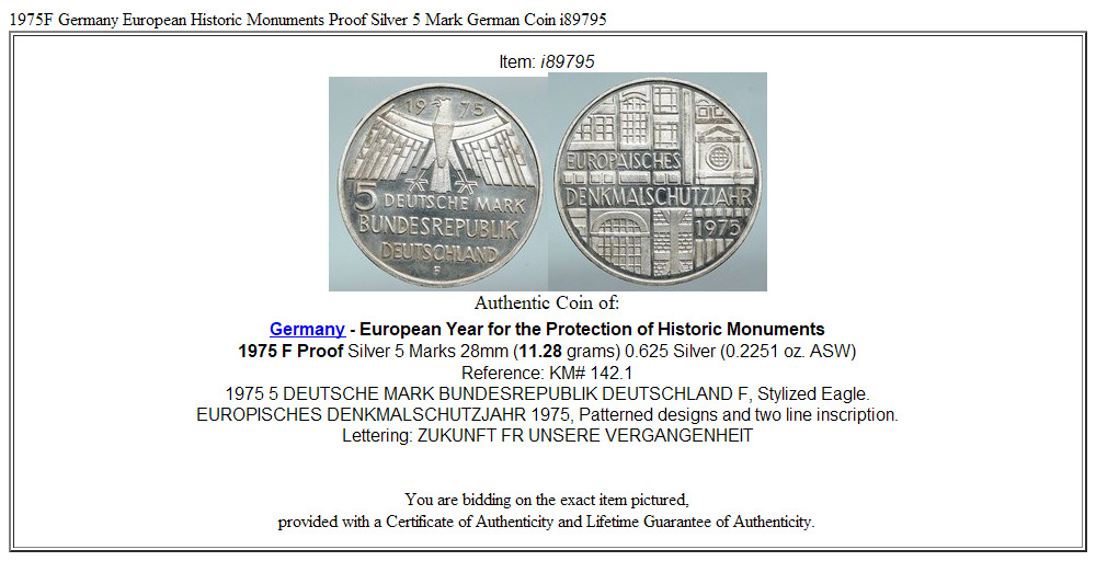 1975F Germany European Historic Monuments Proof Silver 5 Mark German Coin i89795