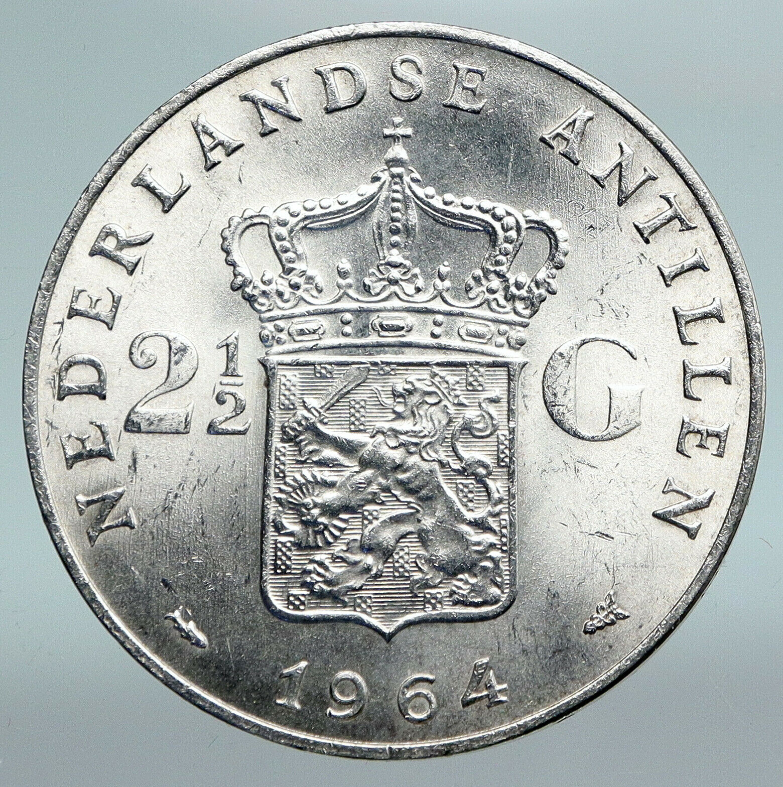 1964 NETHERLANDS ANTILLES Queen JULIANA Vintage SILVER 2 1/2 Gulden Coin i89806