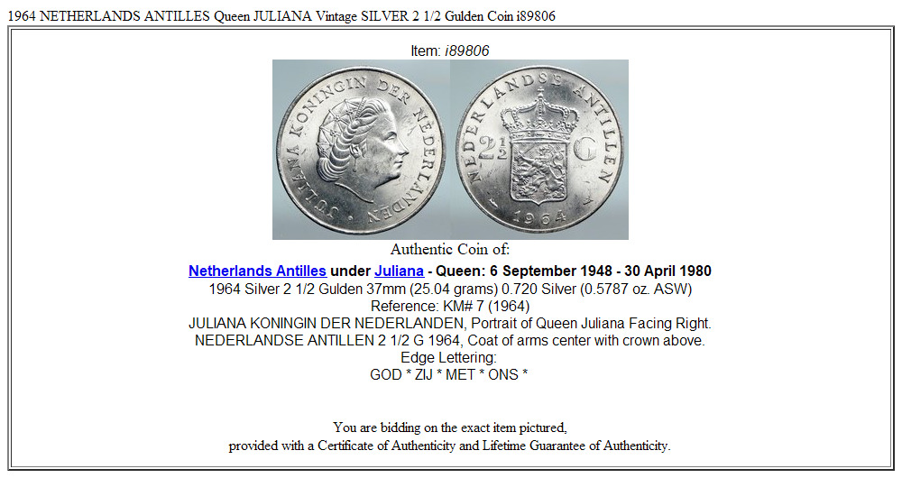 1964 NETHERLANDS ANTILLES Queen JULIANA Vintage SILVER 2 1/2 Gulden Coin i89806