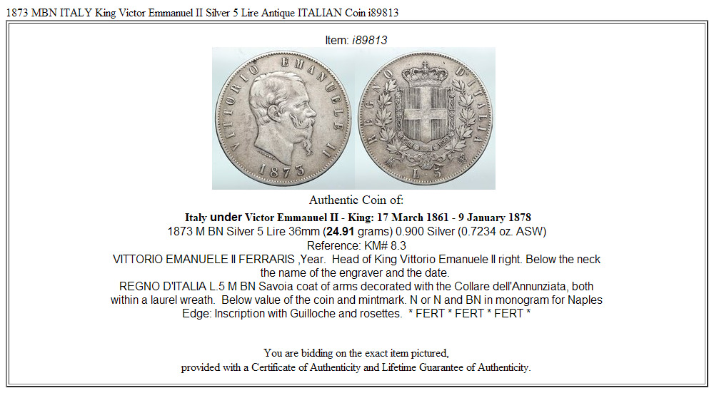 1873 MBN ITALY King Victor Emmanuel II Silver 5 Lire Antique ITALIAN Coin i89813