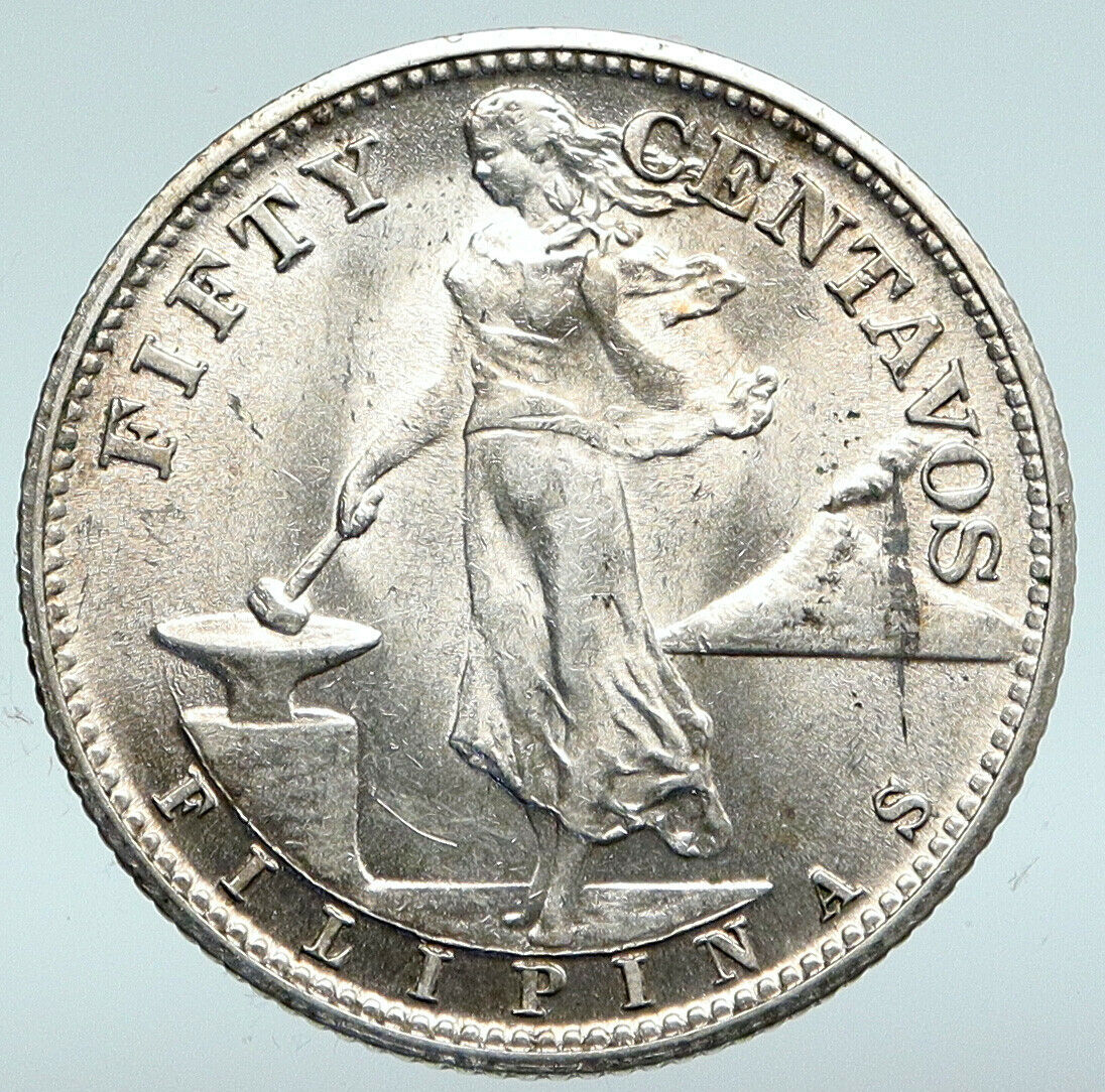 1944 S PHILIPPINES Under US Administration Eagle Silver 50 Centavos Coin i89676