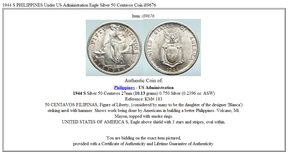 1944 S PHILIPPINES Under US Administration Eagle Silver 50 Centavos Coin i89676