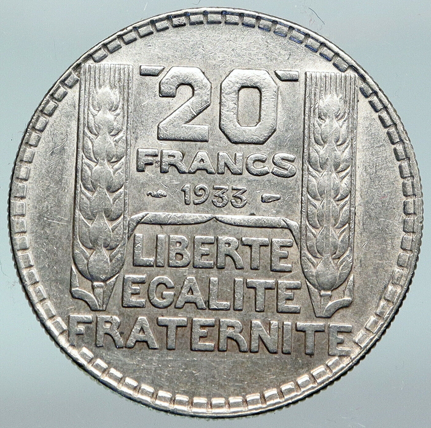 1933 FRANCE Authentic Large Silver 20 Francs Vintage French MOTTO Coin i89818