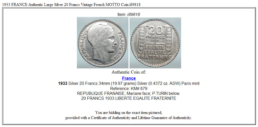 1933 FRANCE Authentic Large Silver 20 Francs Vintage French MOTTO Coin i89818