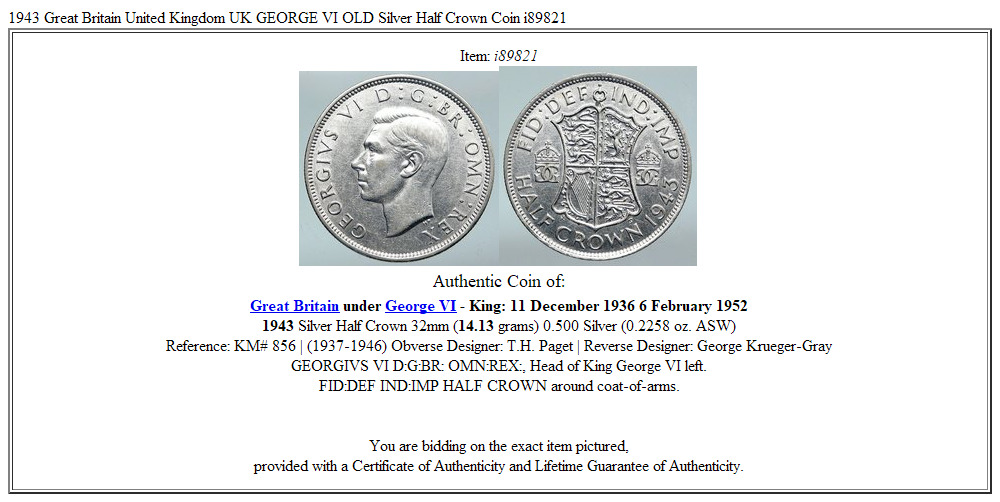 1943 Great Britain United Kingdom UK GEORGE VI OLD Silver Half Crown Coin i89821