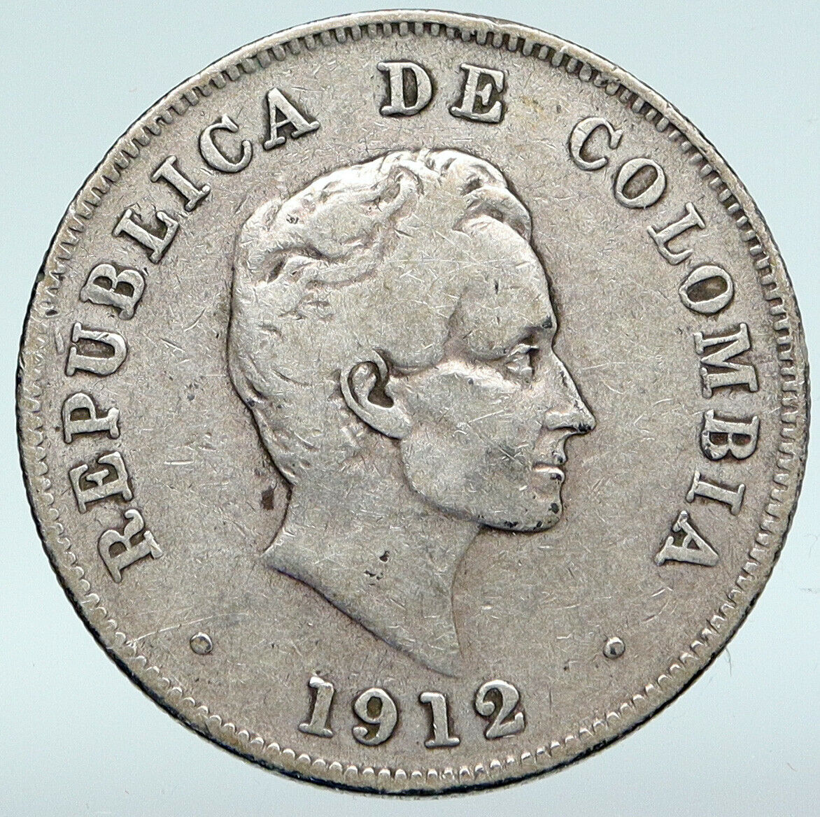 1912 COLUMBIA Simon Bolivar Eagle Shield ANTIQUE Silver 50 Centavos Coin i89677