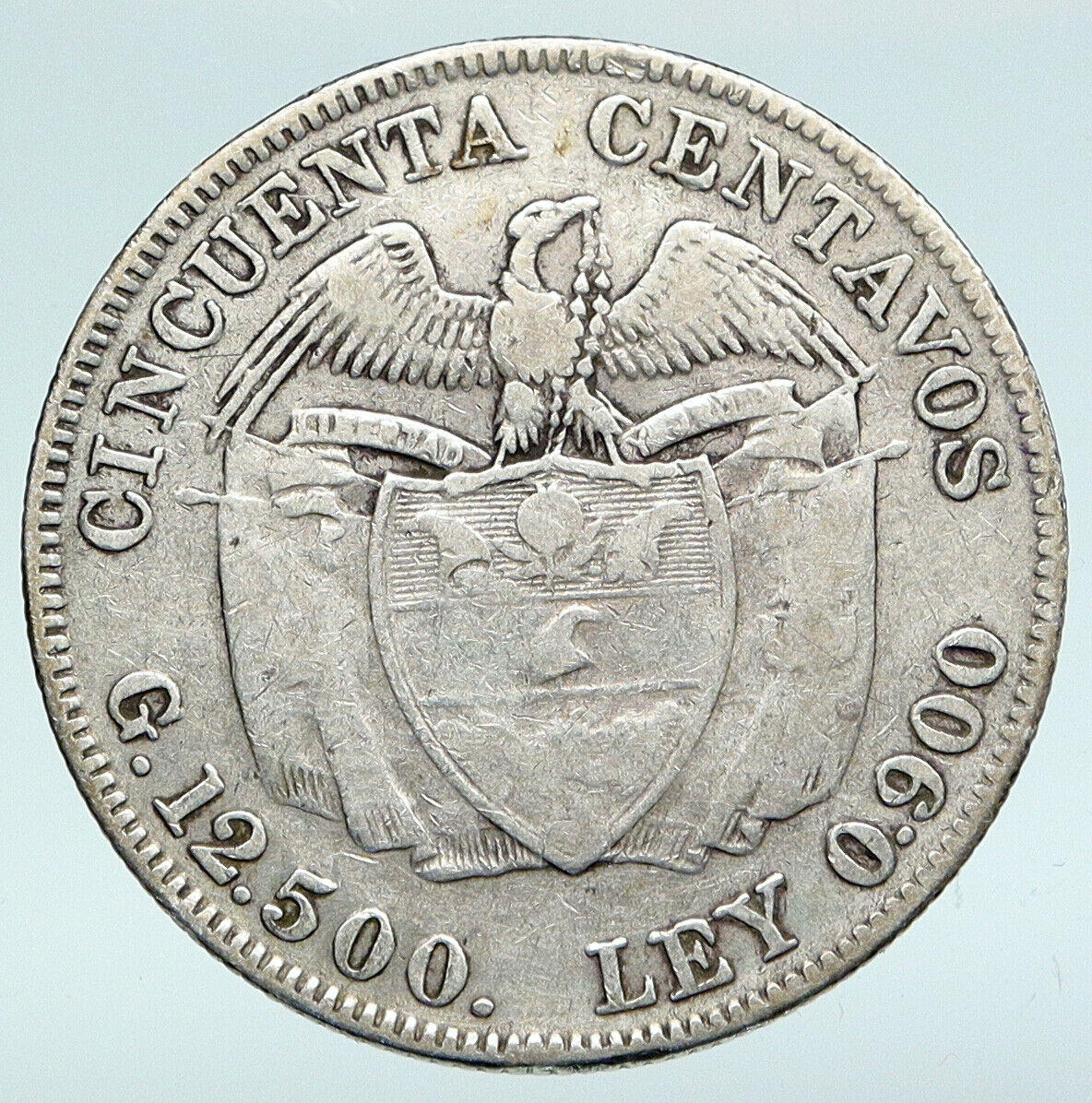 1912 COLUMBIA Simon Bolivar Eagle Shield ANTIQUE Silver 50 Centavos Coin i89677