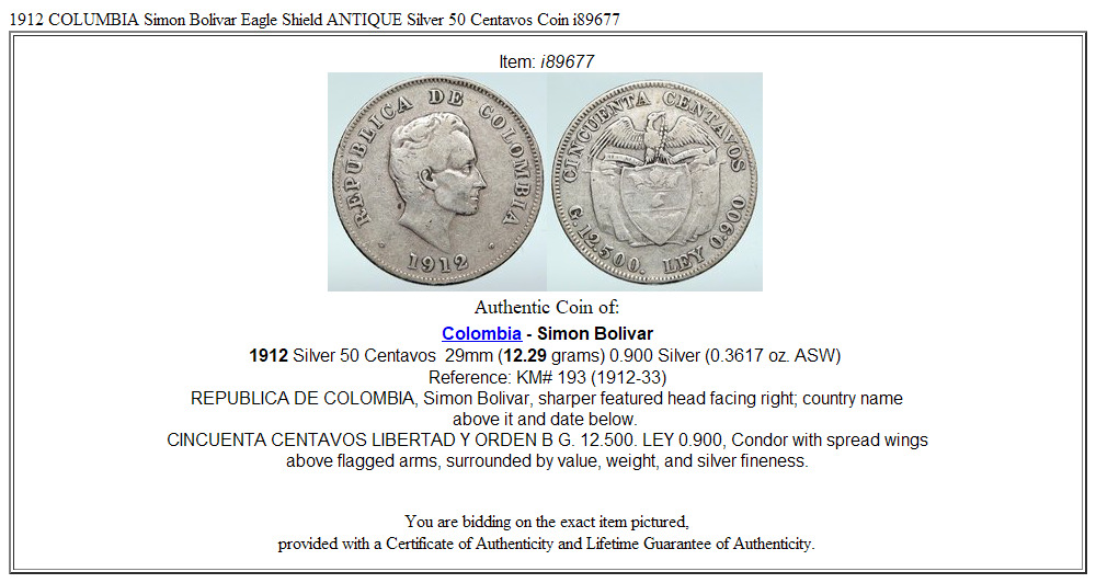 1912 COLUMBIA Simon Bolivar Eagle Shield ANTIQUE Silver 50 Centavos Coin i89677