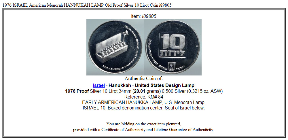 1976 ISRAEL American Menorah HANNUKAH LAMP Old Proof Silver 10 Lirot Coin i89805