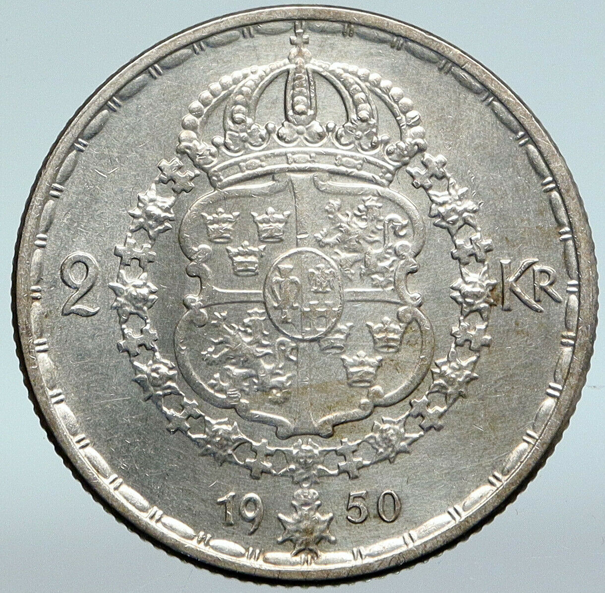 1950 SWEDEN King GUSTAF V Silver Crowned ARMS Antique Vintage 2 KR Coin i89666