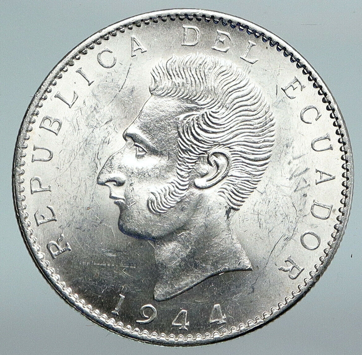 1944 EQUADOR Antonio Jose de Sucre y Alcala VINTAGE Silver 2 Sucres Coin i89910