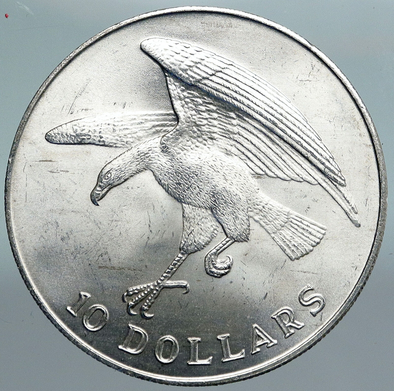 1973 SINGAPORE Sea Eagle & Lions VINTAGE OLD Matte Silver 10 Dollars Coin i89893