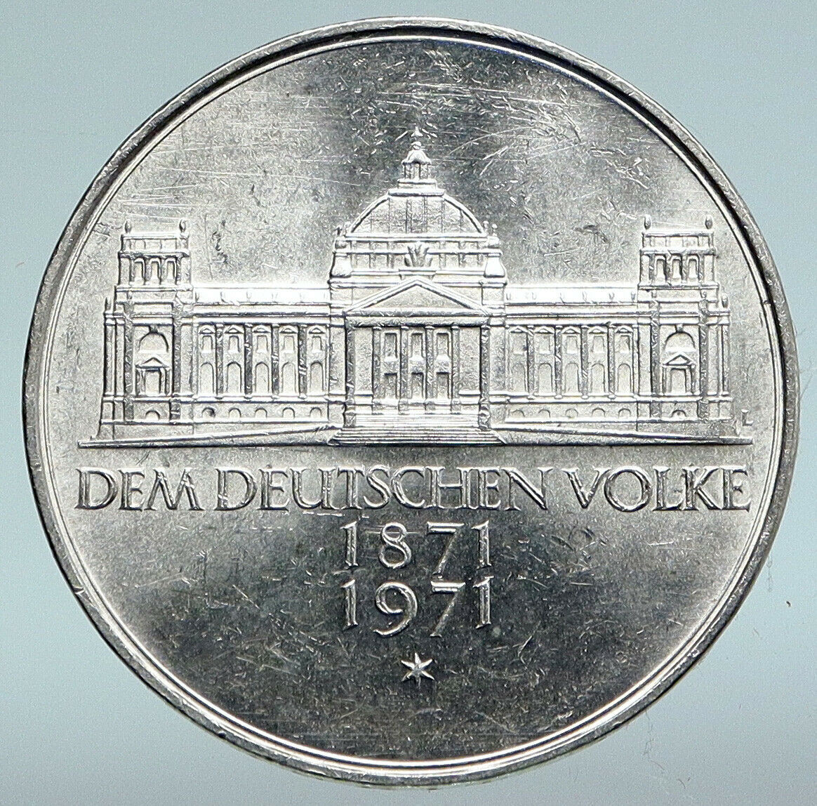 1971 GERMANY GERMAN 1871 Reichstag Building in Berlin Silver 5 Mark Coin i89671