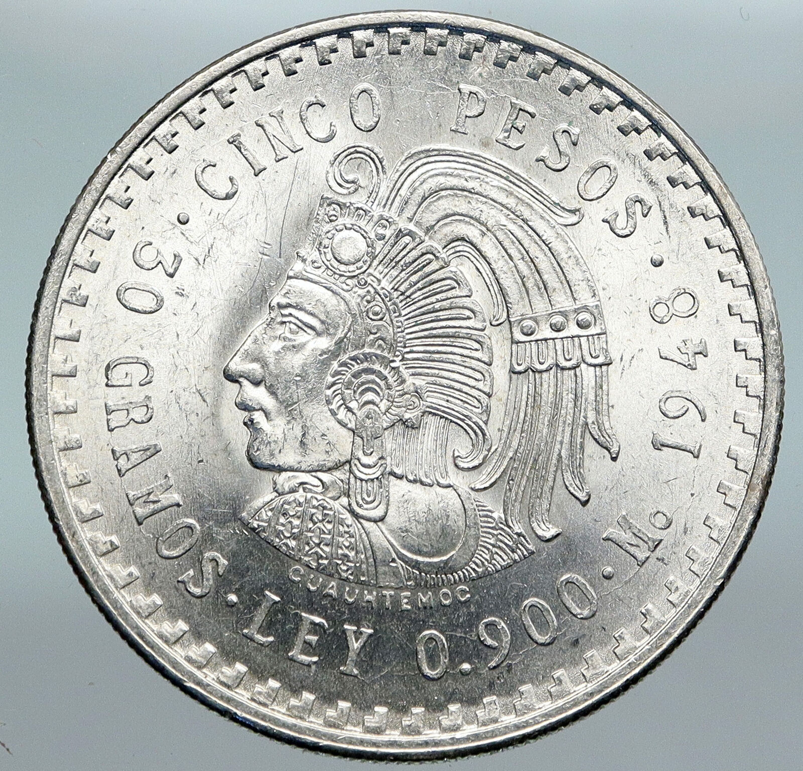 1948 MEXICO Aztec Chieftain CUAUHTEMOC Eagle Genuine Silver 5 Peso Coin i89876