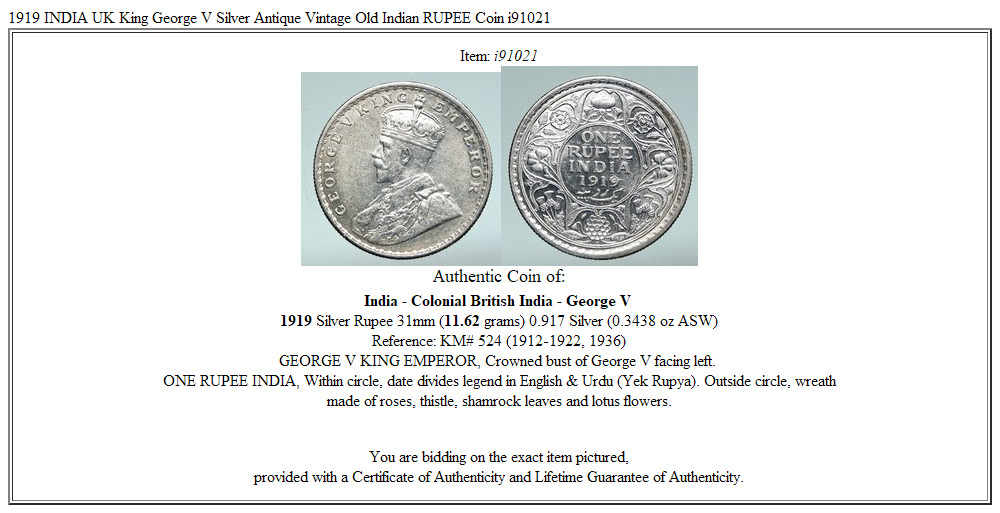 1919 INDIA UK King George V Silver Antique Vintage Old Indian RUPEE Coin i91021