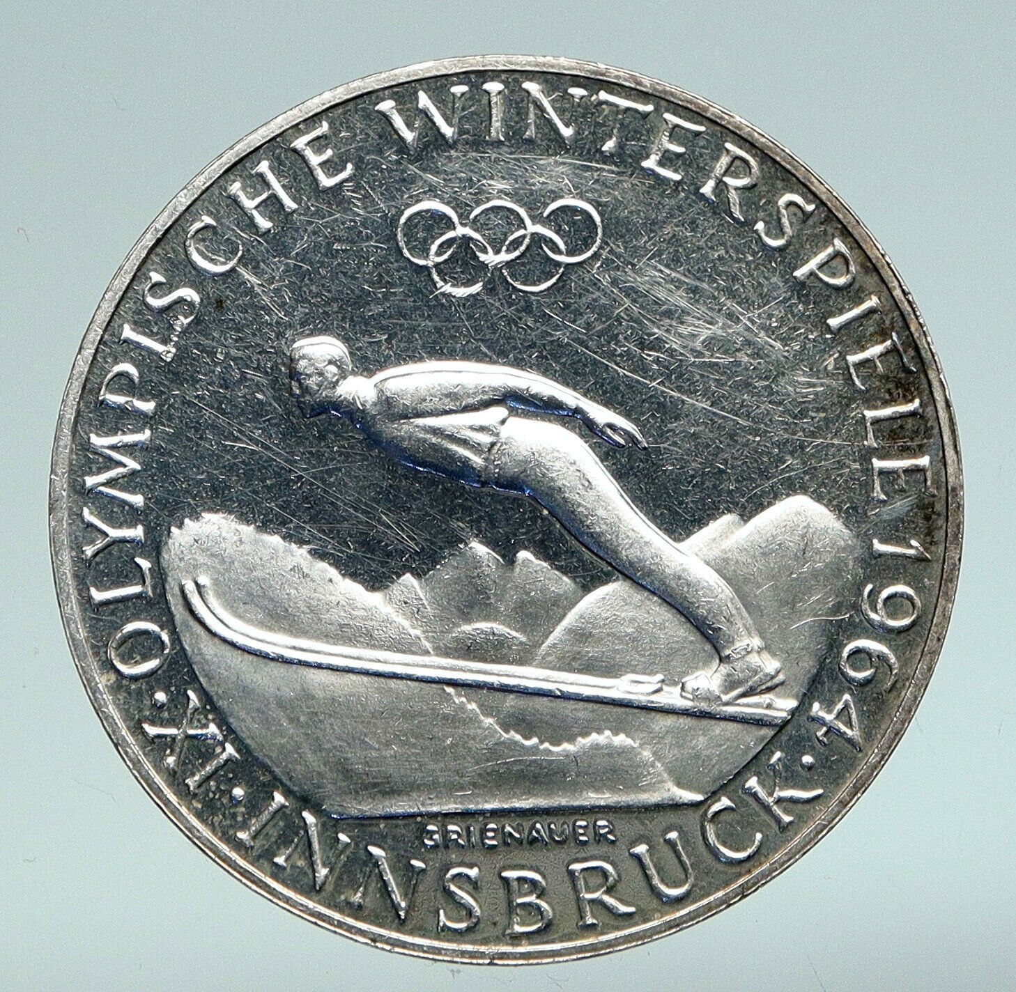 1964 AUSTRIA Innsbruck Winter Olympic Games SKIING OLD Silver 50Shlg Coin i91004